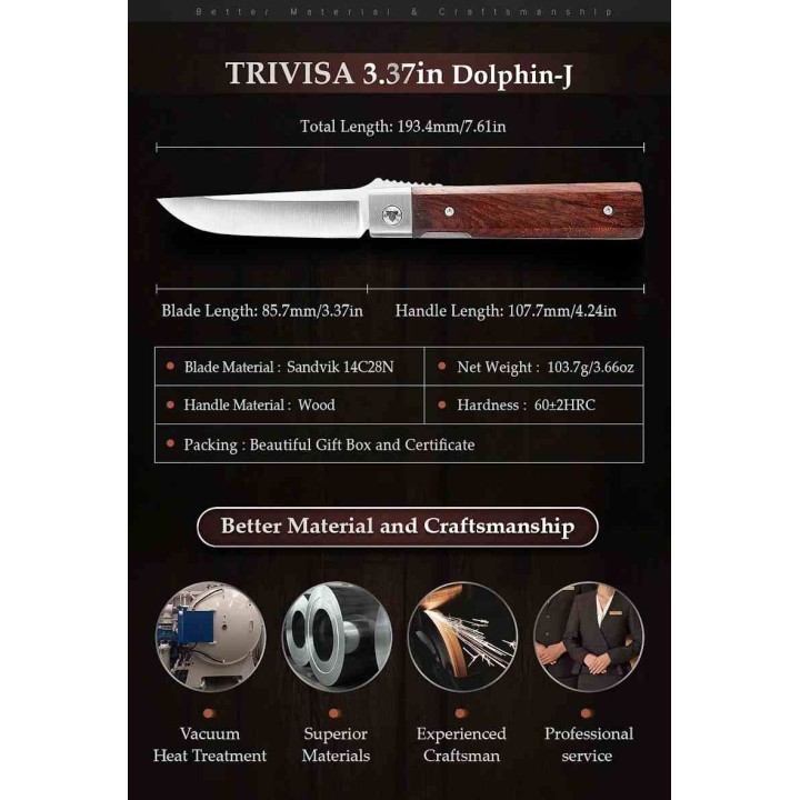 Couteau TRIVISA Dolphin-J Lame Drop Point Acier 14C28N Satinée Manche Bois Liner Lock TVYZ04JSZ - Livraison Gratuite