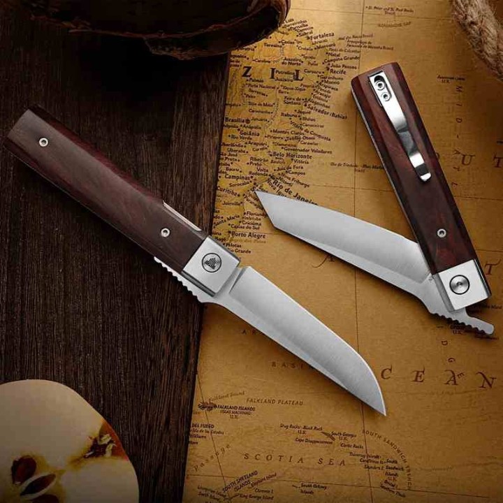 Couteau TRIVISA Dolphin-J Lame Drop Point Acier 14C28N Satinée Manche Bois Liner Lock TVYZ04JSZ - Livraison Gratuite