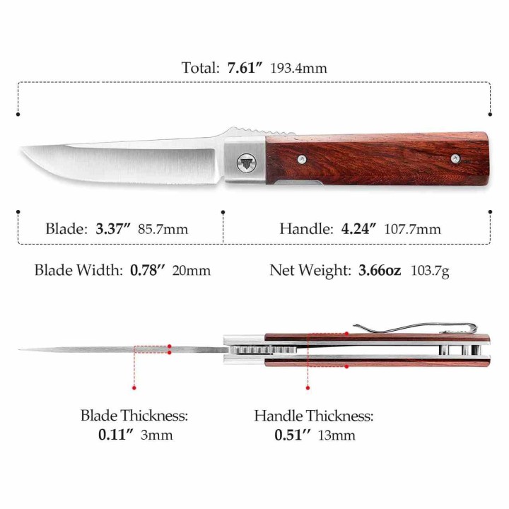 Couteau TRIVISA Dolphin-J Lame Drop Point Acier 14C28N Satinée Manche Bois Liner Lock TVYZ04JSZ - Livraison Gratuite