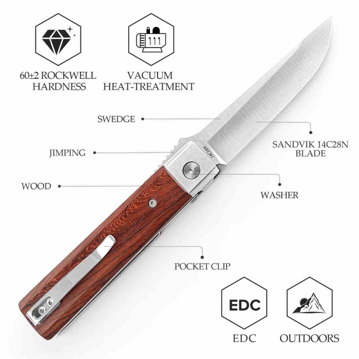 Couteau TRIVISA Dolphin-J Lame Drop Point Acier 14C28N Satinée Manche Bois Liner Lock TVYZ04JSZ - Livraison Gratuite