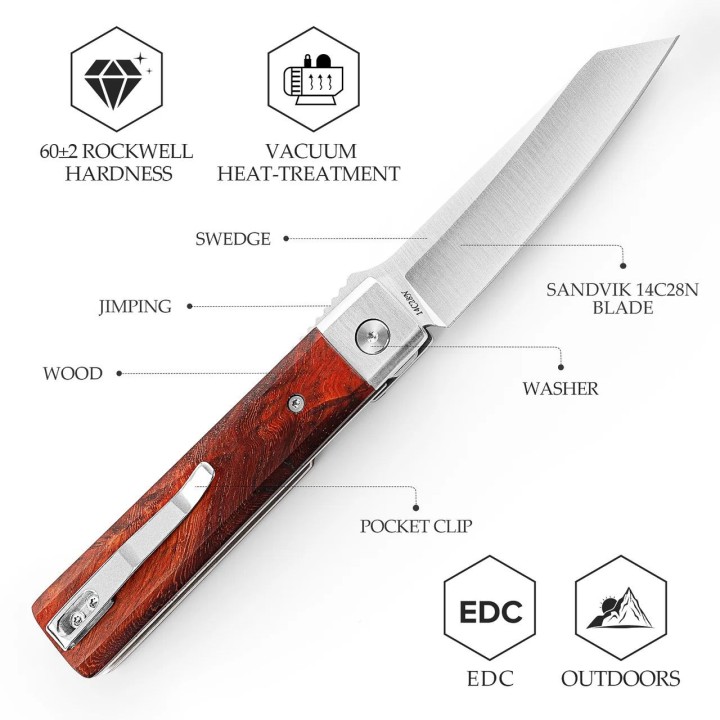 Couteau TRIVISA Dolphin-F Lame Tanto Reverse Acier 14C28N Satinée Manche Bois Liner Lock TVYZ04FSZ - Livraison Gratuite
