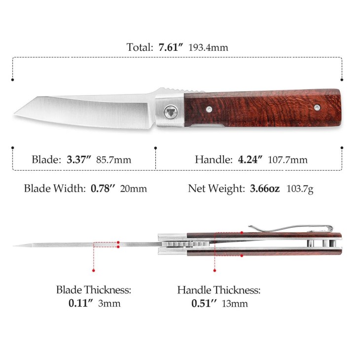 Couteau TRIVISA Dolphin-F Lame Tanto Reverse Acier 14C28N Satinée Manche Bois Liner Lock TVYZ04FSZ - Livraison Gratuite