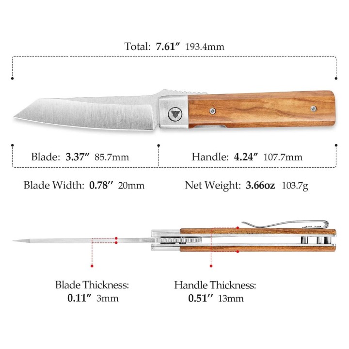 Couteau TRIVISA Dolphin-FO Lame Tanto Reverse Acier 14C28N Manche Bois Olivier Liner Lock TVYZ04FGL - Livraison Gratuite