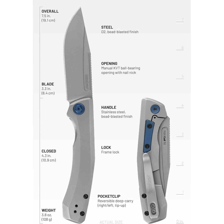 Couteau Kershaw Highball XL Lame Acier D2 Manche Acier Gris KIVT Frame Lock KS7020 - Livraison Gratuite