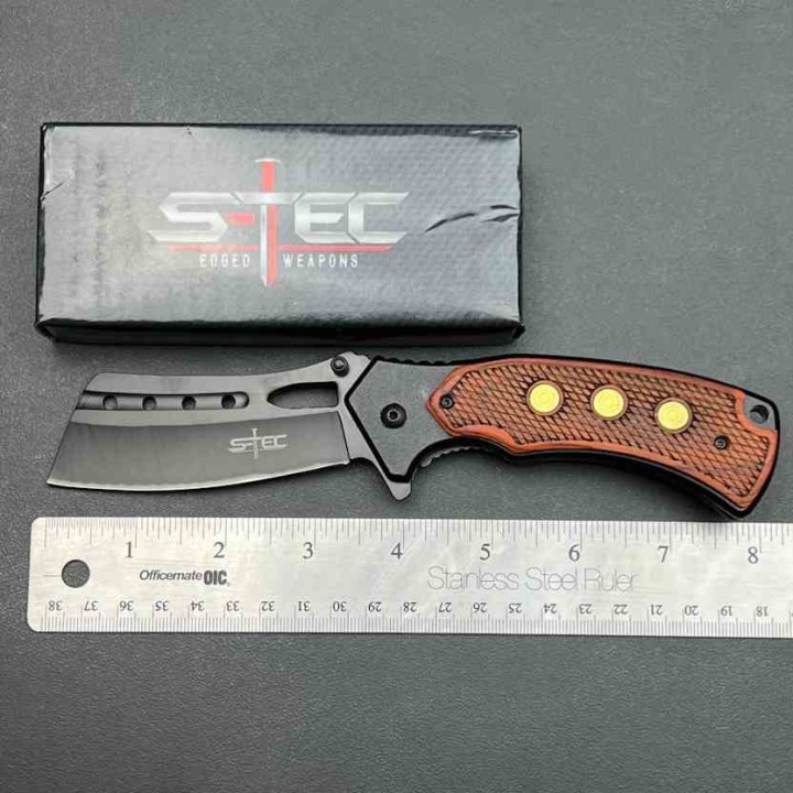 Lot de 3 Couteau S-TEC Cleaver Semi-Automatique Lame Acier Inox Manche en Bois Liner Lock STT271281 - Livraison Gratuite