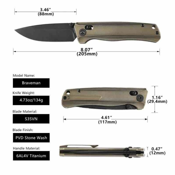 Couteau CMB Made Knives Braveman Lame Acier S35VN Manche Titane Bronze IKBS Axis Lock CMB17C - Livraison Gratuite