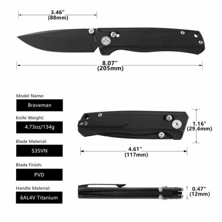 Couteau CMB Made Knives Braveman Lame Acier S35VN Manche Titane Black IKBS Axis Lock CMB17B - Livraison Gratuite