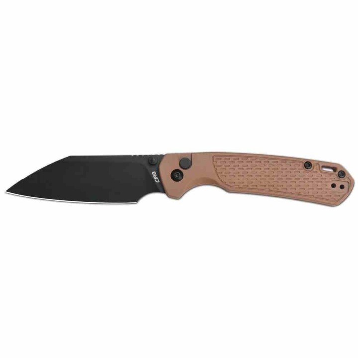 Couteau CJRB Pyrite Light Lame Acier AR-RPM9 Manche FRN Brown Button Lock  KIVT J1945BBN - Livraison Gratuite