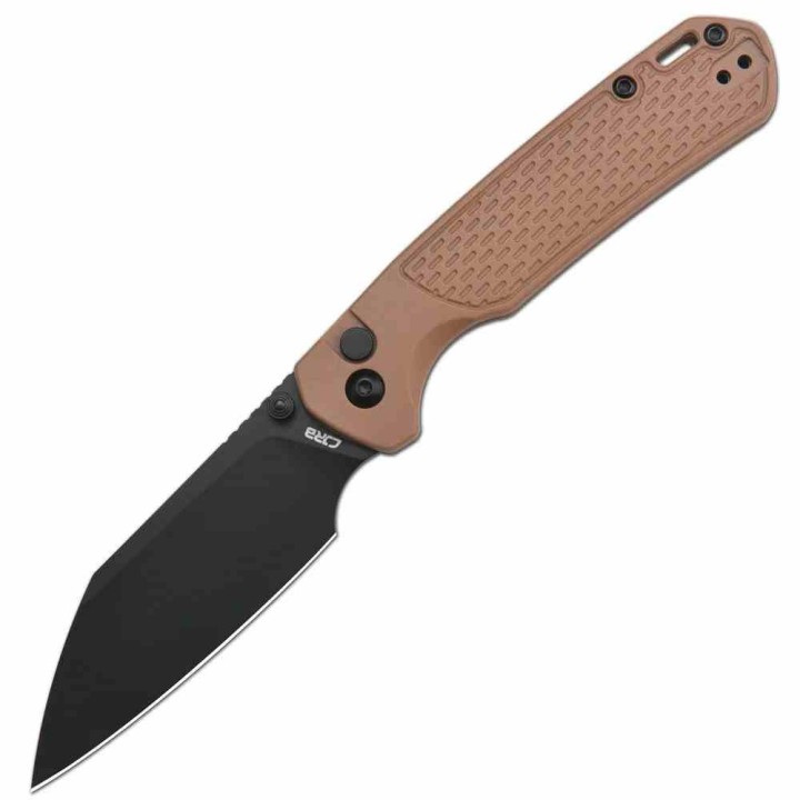 Couteau CJRB Pyrite Light Lame Acier AR-RPM9 Manche FRN Brown Button Lock  KIVT J1945BBN - Livraison Gratuite