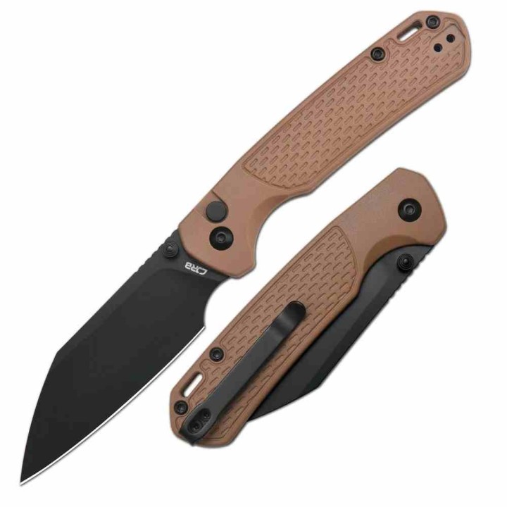 Couteau CJRB Pyrite Light Lame Acier AR-RPM9 Manche FRN Brown Button Lock  KIVT J1945BBN - Livraison Gratuite