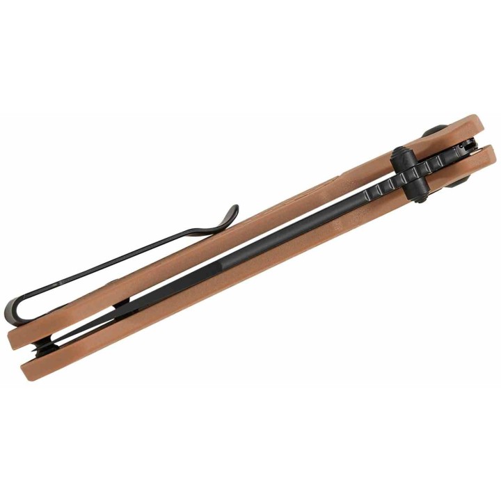 Couteau CJRB Pyrite Light Lame Acier AR-RPM9 Manche FRN Brown Button Lock  KIVT J1945BBN - Livraison Gratuite