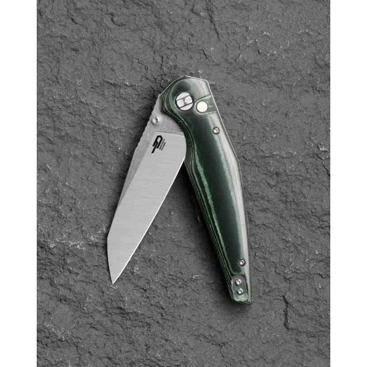 Couteau Bestech Snakebird Lame Acier 14C28N Manche Micarta Vert/Noir Button Lock KIVT BTKG58A - Livraison Gratuite