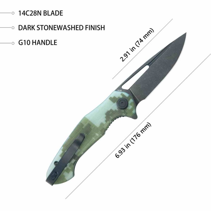 Couteau Kubey Dugu Lame Acier 14C28N Blackwash Manche G10 Camo KIVT LinerLock KUB210L - Livraison Gratuite