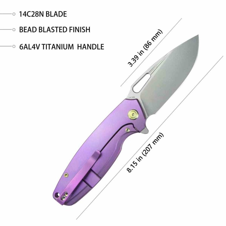 Couteau Kubey Tityus Lame Acier 14C28N Manche Titane 6AL4V Purple Framelock IKBS KUB360C - Livraison Gratuite