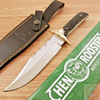 Couteau De Chasse Trappeur Hen & Rooster Lame Acier 440 Manche Bois de Cerf Etui Cuir HR805 - Livraison Gratuite