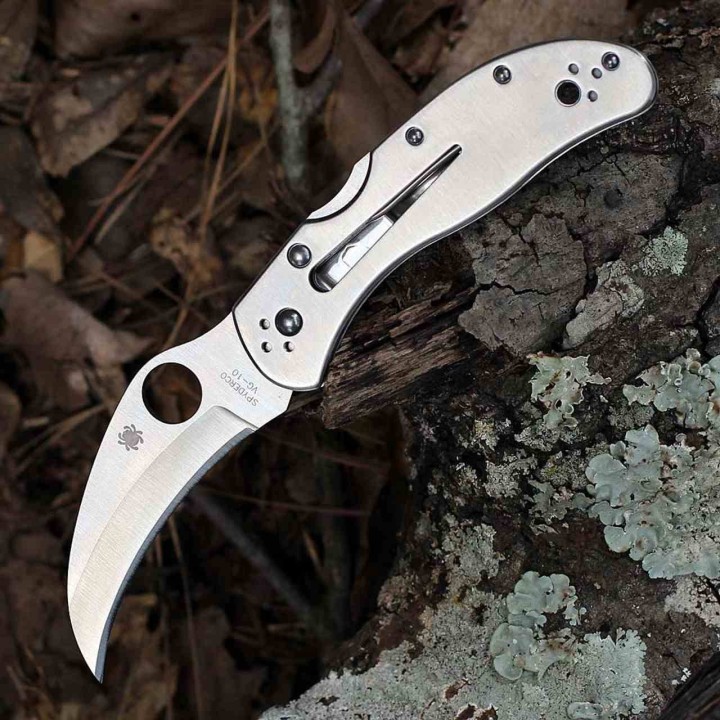 Couteau Spyderco Harpy Lame Hawkbill Acier VG-10 Manche Acier Inoxydable Lockback Japan SC08P - Livraison Gratuite