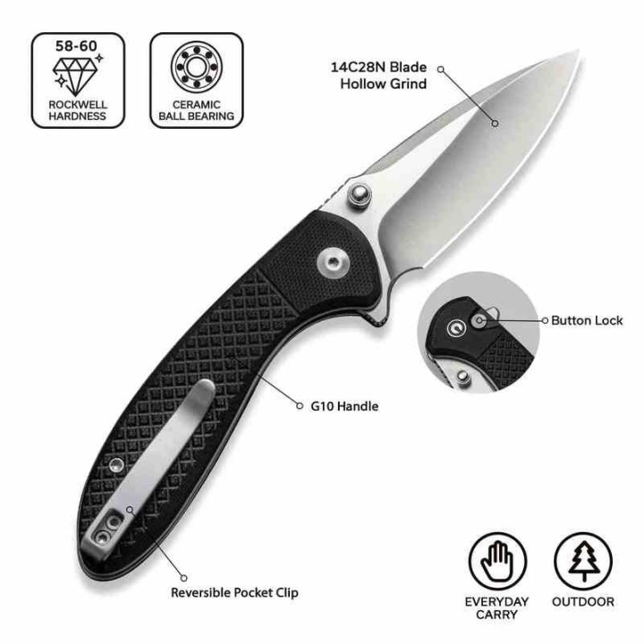Couteau Civivi Faeger Lame Acier 14C28N Manche G10 Noir Button Lock IKBS CIVC240311 - Livraison Gratuite