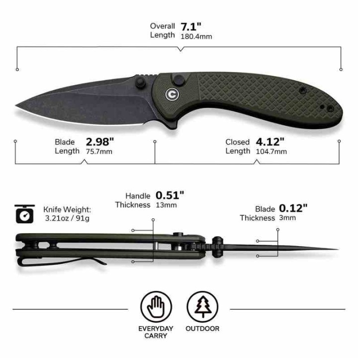 Couteau Civivi Faeger Lame Acier 14C28N Blk Manche G10 Green Button Lock IKBS CIVC240312 - Livraison Gratuite