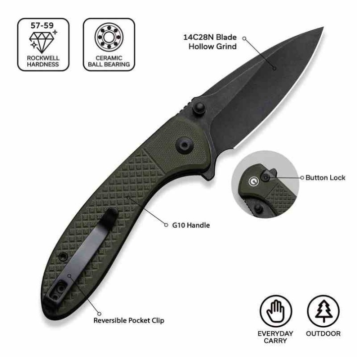 Couteau Civivi Faeger Lame Acier 14C28N Blk Manche G10 Green Button Lock IKBS CIVC240312 - Livraison Gratuite