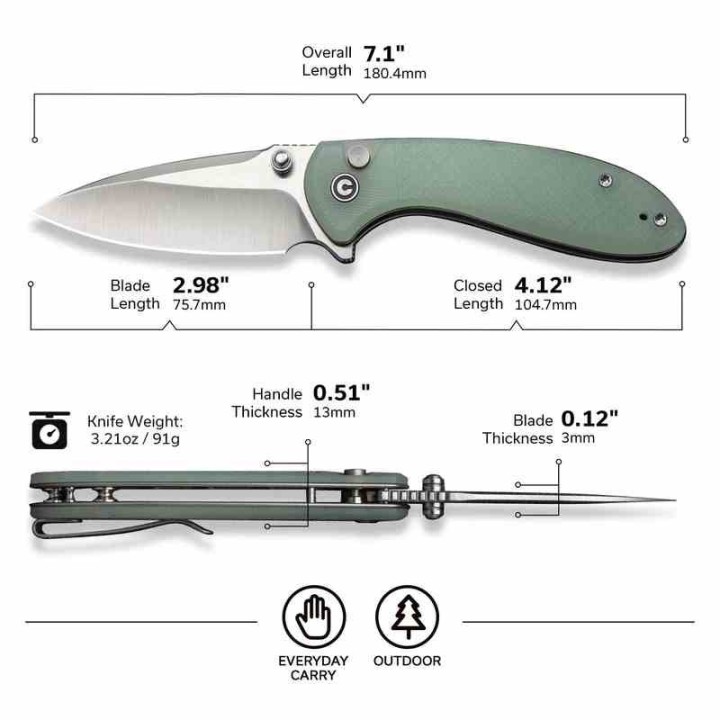 Couteau Civivi Faeger Lame Acier 14C28N Manche G10 Jade Button Lock IKBS CIVC240313 - Livraison Gratuite