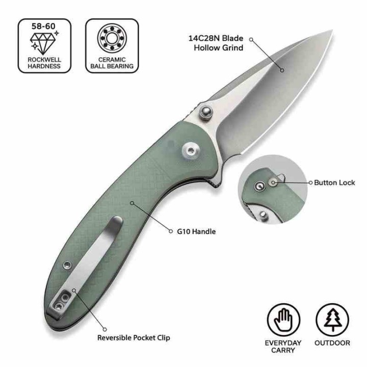 Couteau Civivi Faeger Lame Acier 14C28N Manche G10 Jade Button Lock IKBS CIVC240313 - Livraison Gratuite