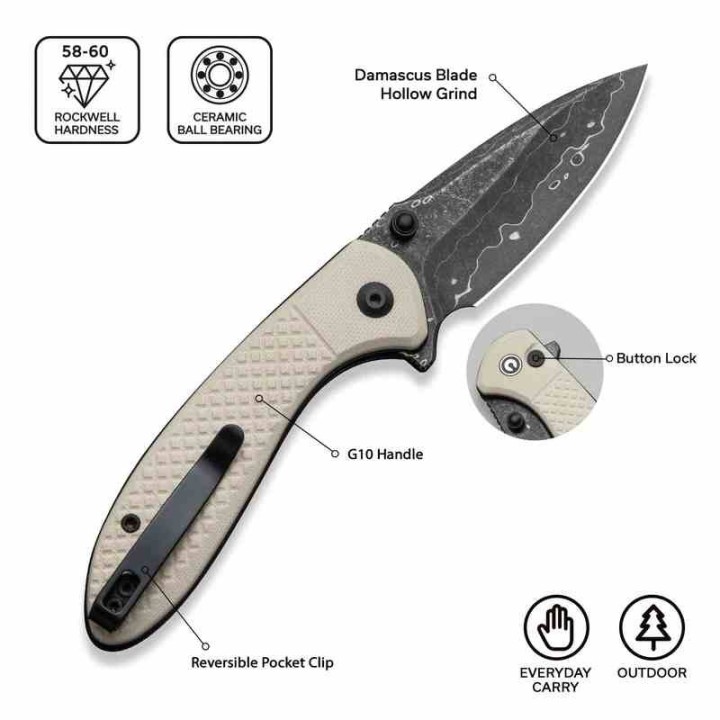 Couteau Civivi Faeger Lame Acier Damas Manche G10 Ivoire Button Lock IKBS CIVC24031DS1 - Livraison Gratuite