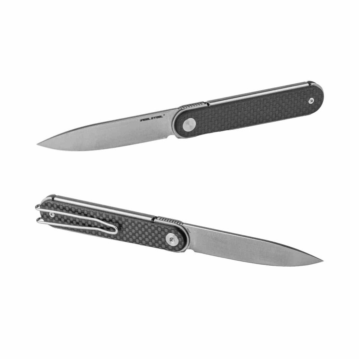 Couteau Real Steel Iris Black Lame Acier 12C27 Manche CF/G10 Linerlock RS8061BF - Livraison Gratuite