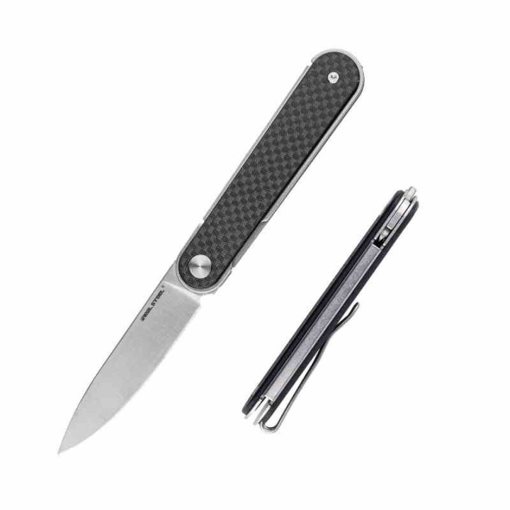 Couteau Real Steel Iris Black Lame Acier 12C27 Manche CF/G10 Linerlock RS8061BF - Livraison Gratuite