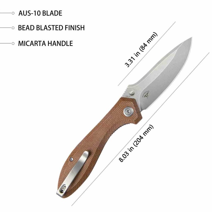 Couteau Kubey Ruckus Lame Acier AUS-10 SW Manche Tan Micarta IKBS Linerlock Clip KUB314M - Livraison Gratuite
