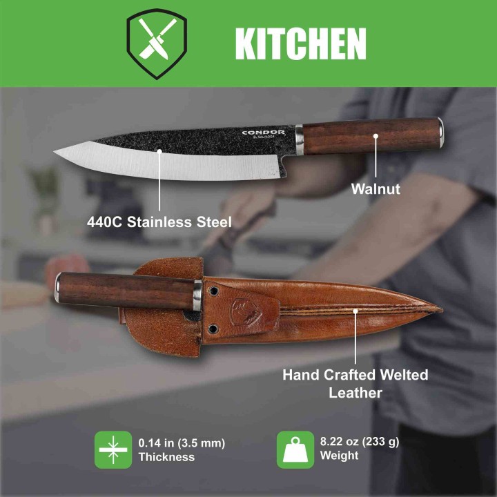Couteau Condor Parrillero Gaucho Lame Acier 440C Manche Bois de Noyer Etui Cuir Salvador CTK700122C - Livraison Gratuite