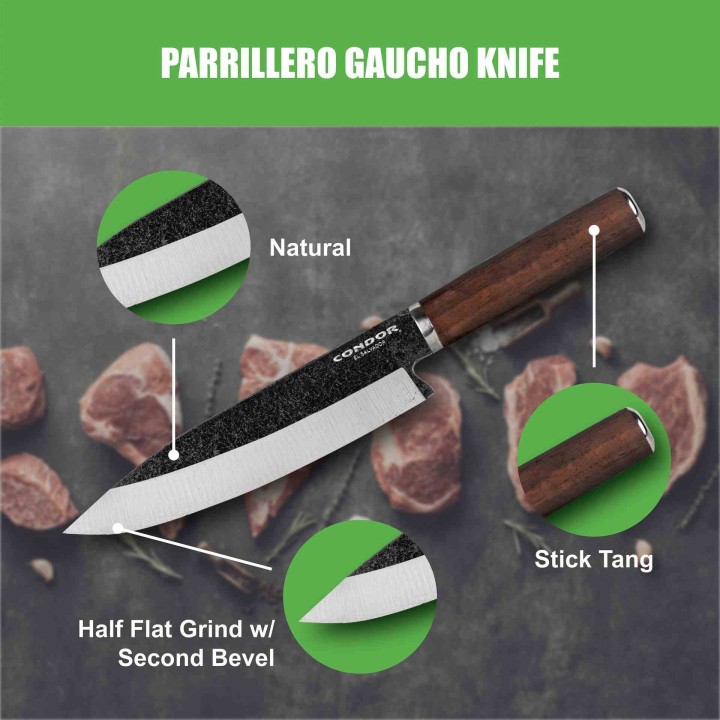 Couteau Condor Parrillero Gaucho Lame Acier 440C Manche Bois de Noyer Etui Cuir Salvador CTK700122C - Livraison Gratuite