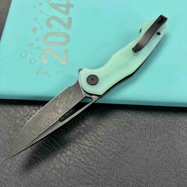 Couteau Kubey Dugu Lame Drop Point Acier Sandvik 14C28N Linerlock Manche G-10 Jade KUB210K - Livraison Gratuite
