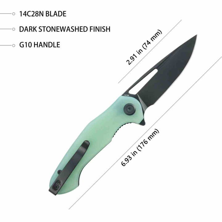 Couteau Kubey Dugu Lame Drop Point Acier Sandvik 14C28N Linerlock Manche G-10 Jade KUB210K - Livraison Gratuite
