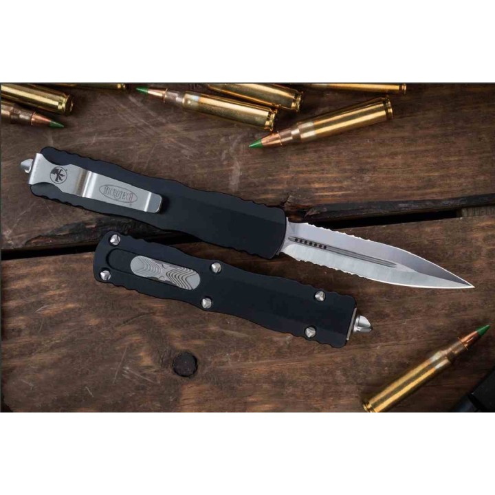 Couteau Automatique OTF Microtech Dirac D/E 225-5 Lame Dague Acier M390 Manche Alu Noir Made USA MCT2255 - Livraison Gratuite