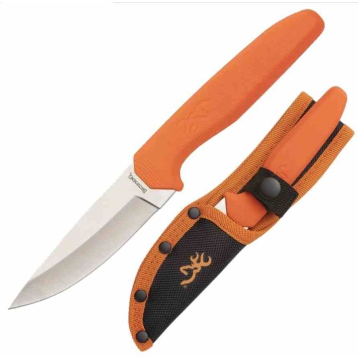 Couteau Browning Sharp-Ridge Skinner Lame Acier 8Cr13MoV Manche Caoutchouc Orange Étui Nylon BR0554 - Livraison Gratuite
