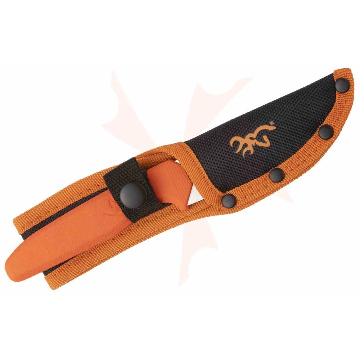 Couteau Browning Sharp-Ridge Skinner Lame Acier 8Cr13MoV Manche Caoutchouc Orange Étui Nylon BR0554 - Livraison Gratuite