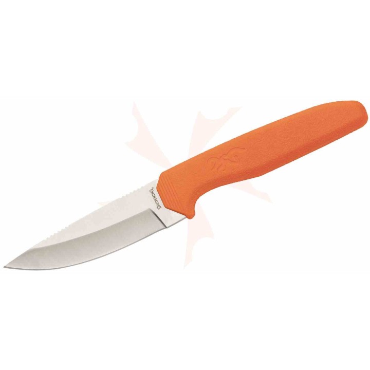 Couteau Browning Sharp-Ridge Skinner Lame Acier 8Cr13MoV Manche Caoutchouc Orange Étui Nylon BR0554 - Livraison Gratuite