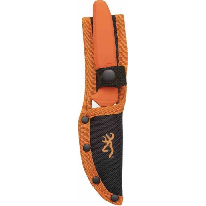Couteau Browning Sharp-Ridge Skinner Lame Acier 8Cr13MoV Manche Caoutchouc Orange Étui Nylon BR0554 - Livraison Gratuite