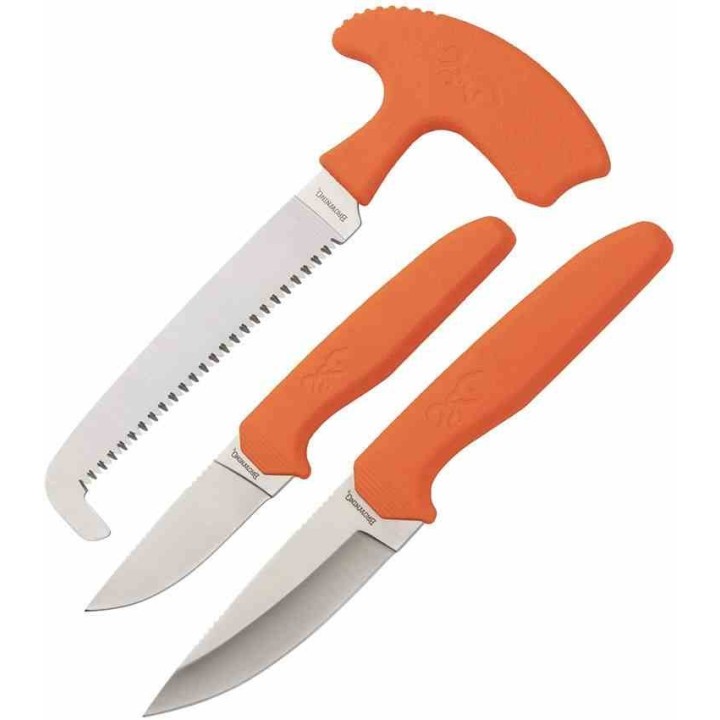Set Browning Couteaux Scie Browning Sharp-Ridge 3 Pièces Lames Acier 8Cr13MoV Manches Orange Étui BR0553 - Livraison Gratuite