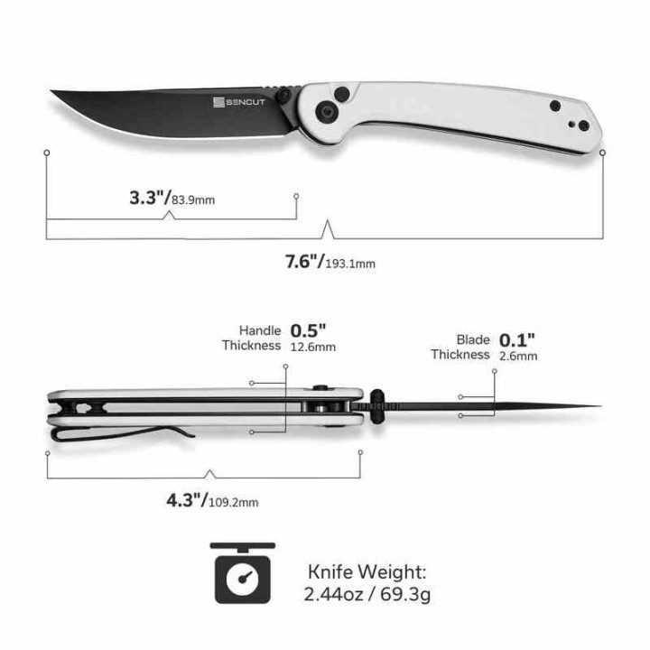 Couteau Sencut Skelfin Lame Black Acier 9Cr18MoV Manche G10 White IKBS Linerlock Clip S250071 - Livraison Gratuite