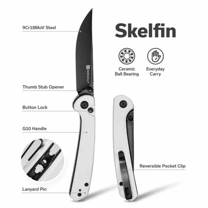 Couteau Sencut Skelfin Lame Black Acier 9Cr18MoV Manche G10 White IKBS Linerlock Clip S250071 - Livraison Gratuite