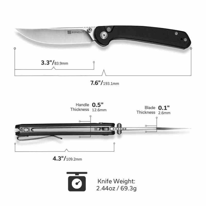 Couteau Sencut Skelfin Lame Black Acier 9Cr18MoV Manche G10 Black IKBS Linerlock Clip S250072 - Livraison Gratuite