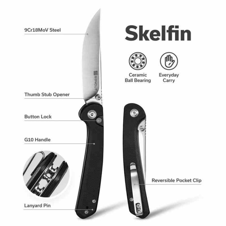 Couteau Sencut Skelfin Lame Black Acier 9Cr18MoV Manche G10 Black IKBS Linerlock Clip S250072 - Livraison Gratuite