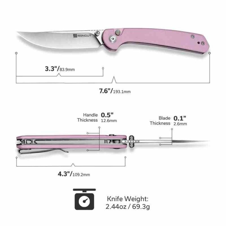 Couteau Sencut Skelfin Lame Pink Acier 9Cr18MoV Manche G10 Pink IKBS Linerlock Clip S250073 - Livraison Gratuite