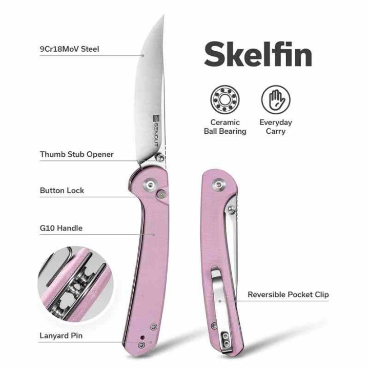 Couteau Sencut Skelfin Lame Pink Acier 9Cr18MoV Manche G10 Pink IKBS Linerlock Clip S250073 - Livraison Gratuite