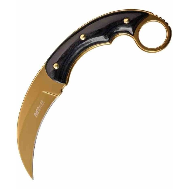 Couteau MTech Karambit Manche Pakkawood Lame Acier 3Cr13 Finition Or Etui Nylon MT2084GD - Livraison Gratuite