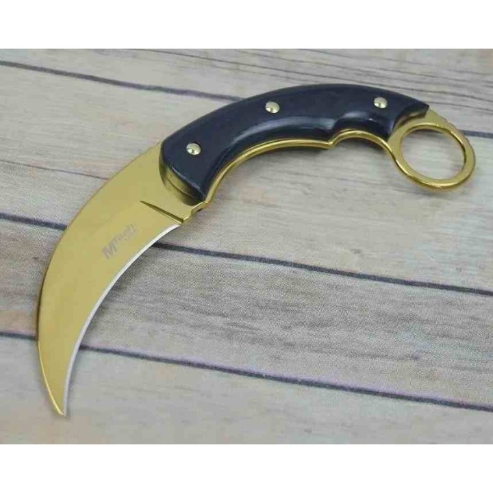Couteau MTech Karambit Manche Pakkawood Lame Acier 3Cr13 Finition Or Etui Nylon MT2084GD - Livraison Gratuite