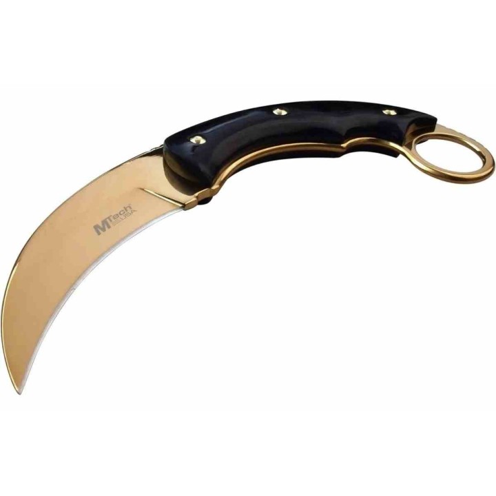Couteau MTech Karambit Manche Pakkawood Lame Acier 3Cr13 Finition Or Etui Nylon MT2084GD - Livraison Gratuite