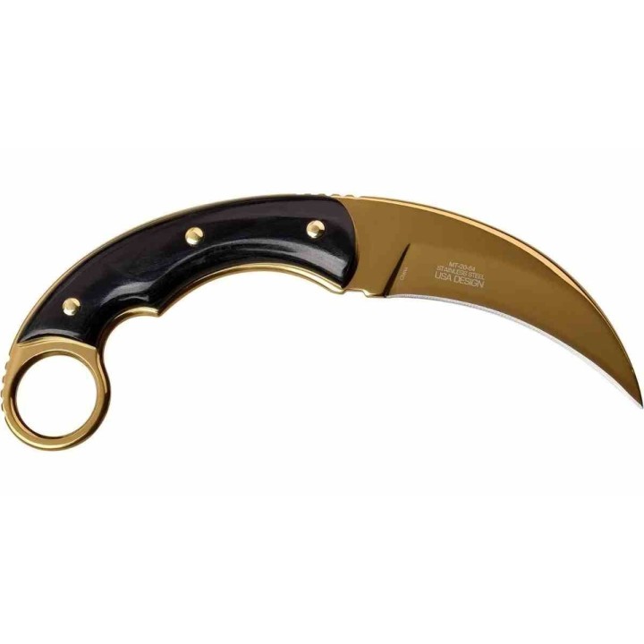 Couteau MTech Karambit Manche Pakkawood Lame Acier 3Cr13 Finition Or Etui Nylon MT2084GD - Livraison Gratuite