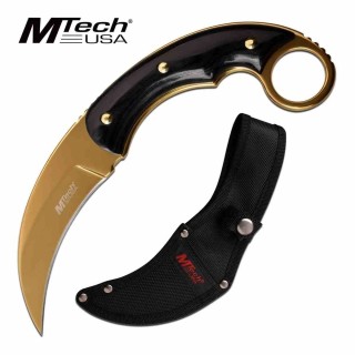 Couteau MTech Karambit Manche Pakkawood Lame Acier 3Cr13 Finition Or Etui Nylon MT2084GD - Livraison Gratuite